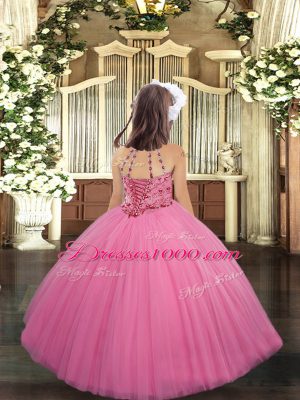 Latest Aqua Blue Tulle Lace Up Little Girls Pageant Dress Sleeveless Floor Length Beading