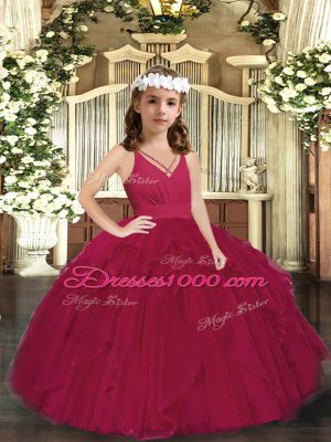 Dazzling Floor Length Ball Gowns Sleeveless Burgundy Kids Pageant Dress Zipper