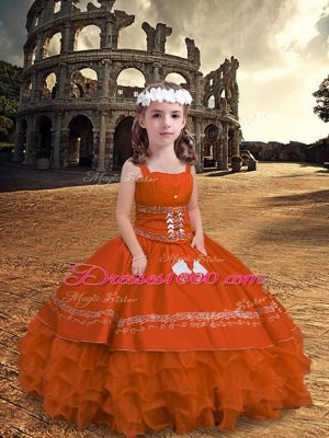 Embroidery and Ruffled Layers Little Girl Pageant Gowns Orange Red Zipper Sleeveless Floor Length