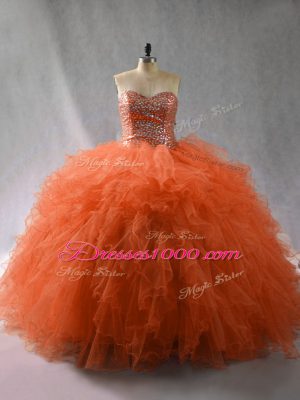 Romantic Orange Red Tulle Lace Up Sweetheart Sleeveless Floor Length Sweet 16 Quinceanera Dress Beading and Ruffles