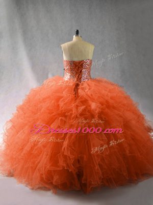 Romantic Orange Red Tulle Lace Up Sweetheart Sleeveless Floor Length Sweet 16 Quinceanera Dress Beading and Ruffles