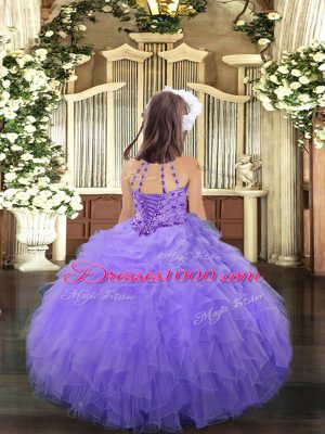 Luxurious Lilac Tulle Lace Up Halter Top Sleeveless Floor Length Little Girl Pageant Dress Beading and Ruffles