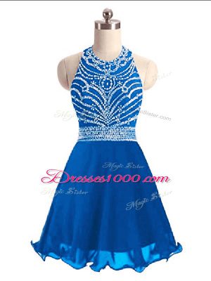 Custom Designed A-line Dress for Prom Blue Halter Top Chiffon Sleeveless Mini Length Lace Up