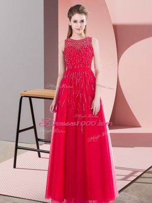 Wonderful Coral Red Sleeveless Beading Floor Length Prom Gown
