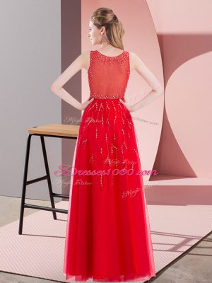 Wonderful Coral Red Sleeveless Beading Floor Length Prom Gown