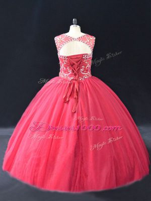 Hot Sale Coral Red Quinceanera Gowns Sweet 16 and Quinceanera with Beading Scoop Long Sleeves Lace Up