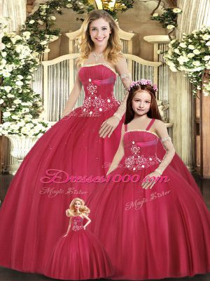 Red Lace Up Strapless Beading Vestidos de Quinceanera Tulle Sleeveless