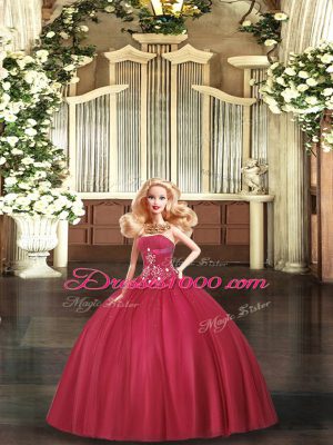 Red Lace Up Strapless Beading Vestidos de Quinceanera Tulle Sleeveless