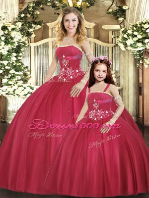 Red Lace Up Strapless Beading Vestidos de Quinceanera Tulle Sleeveless