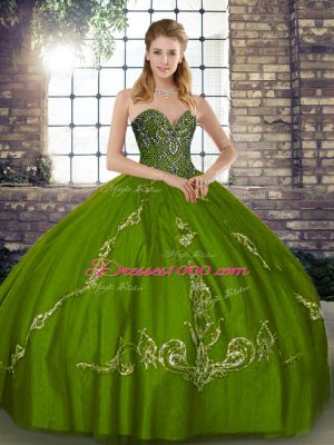 Olive Green Sleeveless Tulle Lace Up Quinceanera Dress for Military Ball and Sweet 16 and Quinceanera