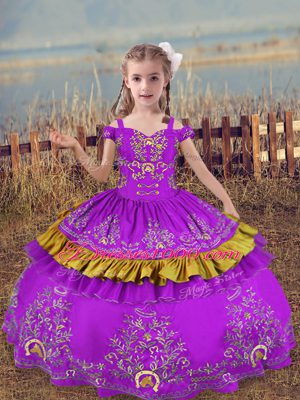 Sleeveless Floor Length Beading and Embroidery Lace Up Juniors Party Dress with Purple
