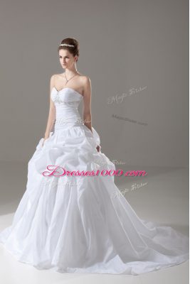 White Lace Up Bridal Gown Beading and Pick Ups Sleeveless Brush Train