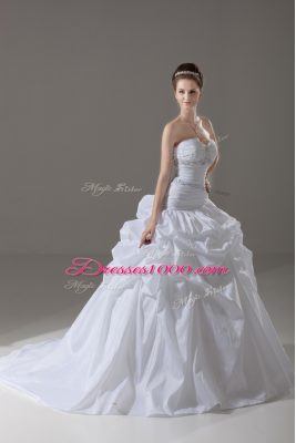 White Lace Up Bridal Gown Beading and Pick Ups Sleeveless Brush Train