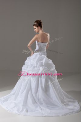 White Lace Up Bridal Gown Beading and Pick Ups Sleeveless Brush Train