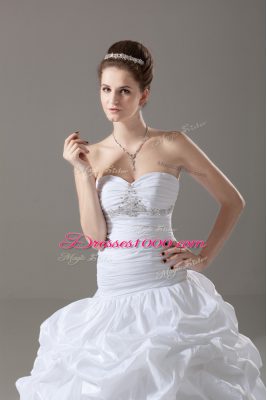 White Lace Up Bridal Gown Beading and Pick Ups Sleeveless Brush Train