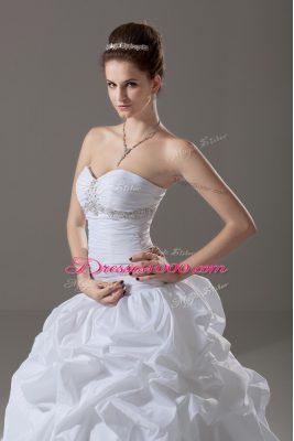 White Lace Up Bridal Gown Beading and Pick Ups Sleeveless Brush Train