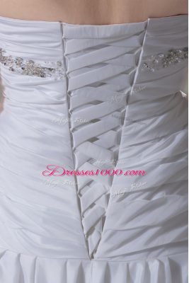 White Lace Up Bridal Gown Beading and Pick Ups Sleeveless Brush Train
