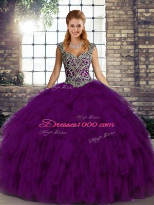 Purple Ball Gowns Straps Sleeveless Organza Floor Length Lace Up Beading and Ruffles Vestidos de Quinceanera