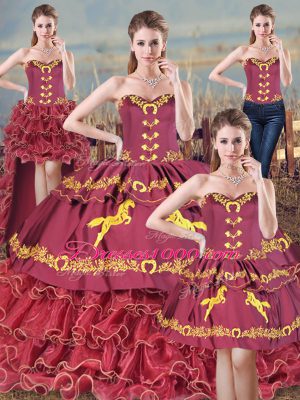 Burgundy Satin and Organza Lace Up Sweetheart Sleeveless Ball Gown Prom Dress Brush Train Embroidery and Ruffles