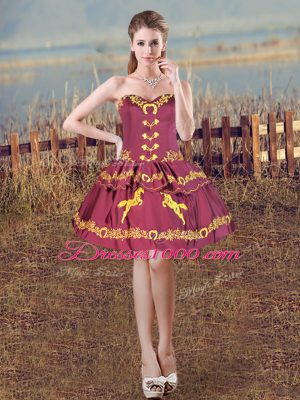 Burgundy Satin and Organza Lace Up Sweetheart Sleeveless Ball Gown Prom Dress Brush Train Embroidery and Ruffles