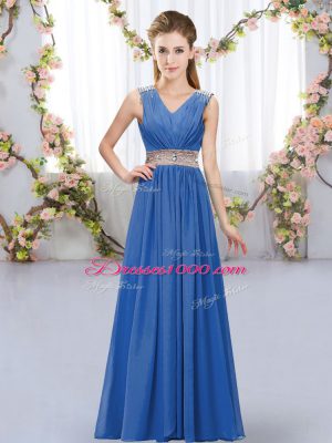 Dazzling Beading and Belt Bridesmaid Dresses Blue Lace Up Sleeveless Floor Length