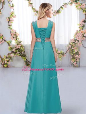 Dazzling Beading and Belt Bridesmaid Dresses Blue Lace Up Sleeveless Floor Length