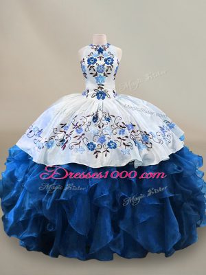 Flare Organza Halter Top Sleeveless Lace Up Embroidery and Ruffles 15 Quinceanera Dress in Blue And White