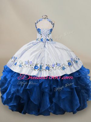 Flare Organza Halter Top Sleeveless Lace Up Embroidery and Ruffles 15 Quinceanera Dress in Blue And White