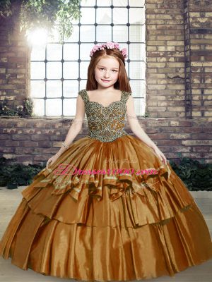 Superior Brown Taffeta Lace Up Straps Sleeveless Floor Length Little Girls Pageant Dress Beading