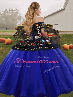 Most Popular Floor Length Lace Up Quinceanera Gowns Blue And Black for Military Ball and Sweet 16 and Quinceanera with Embroidery