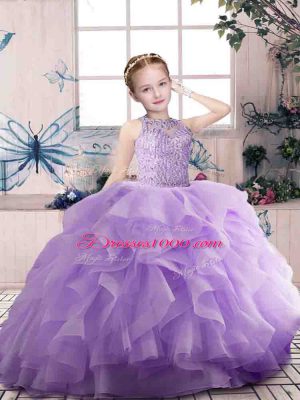 Great Lavender Ball Gowns Beading and Ruffles Little Girl Pageant Dress Zipper Organza Sleeveless Floor Length