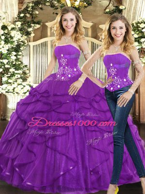 Floor Length Purple Vestidos de Quinceanera Strapless Sleeveless Lace Up