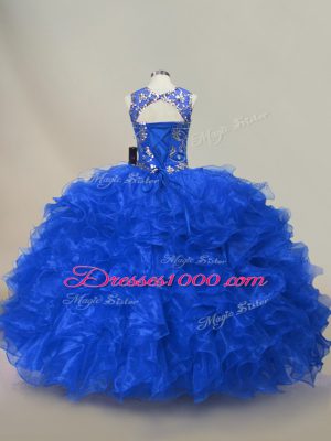 Royal Blue Scoop Lace Up Ruffles and Sequins Quinceanera Gowns Sleeveless