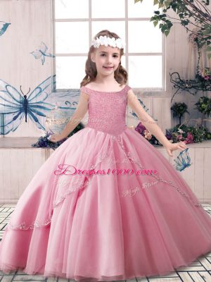 Custom Designed Ball Gowns Pageant Dress for Teens Rose Pink Off The Shoulder Tulle Sleeveless Floor Length Lace Up