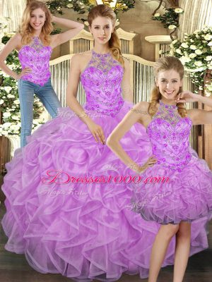 Halter Top Sleeveless Quinceanera Dress Floor Length Beading and Ruffles Lilac Tulle