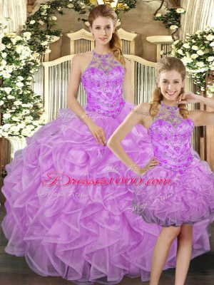 Halter Top Sleeveless Quinceanera Dress Floor Length Beading and Ruffles Lilac Tulle