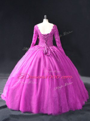 Fuchsia Ball Gowns Tulle V-neck Long Sleeves Lace and Appliques Floor Length Lace Up Ball Gown Prom Dress