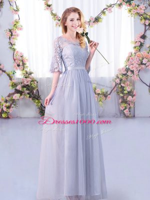 Simple Grey Tulle Side Zipper Scoop Half Sleeves Floor Length Bridesmaid Dresses Lace and Belt