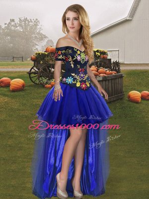 Embroidery Winning Pageant Gowns Royal Blue Lace Up Sleeveless High Low