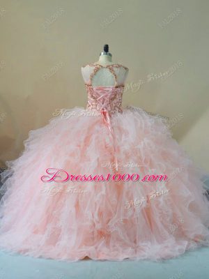 Custom Fit Tulle Sleeveless 15th Birthday Dress Brush Train and Beading and Ruffles