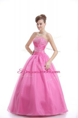 Rose Pink Ball Gowns Strapless Sleeveless Organza Floor Length Lace Up Embroidery Quince Ball Gowns