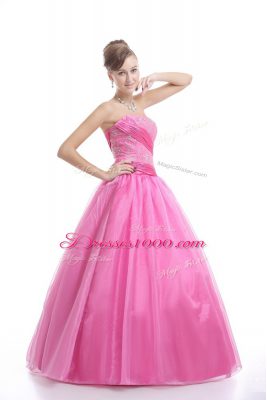 Rose Pink Ball Gowns Strapless Sleeveless Organza Floor Length Lace Up Embroidery Quince Ball Gowns