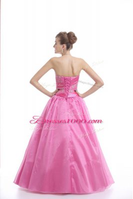 Rose Pink Ball Gowns Strapless Sleeveless Organza Floor Length Lace Up Embroidery Quince Ball Gowns