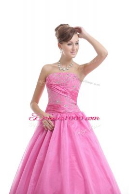 Rose Pink Ball Gowns Strapless Sleeveless Organza Floor Length Lace Up Embroidery Quince Ball Gowns