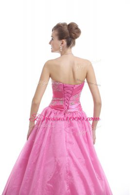 Rose Pink Ball Gowns Strapless Sleeveless Organza Floor Length Lace Up Embroidery Quince Ball Gowns