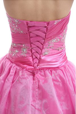 Rose Pink Ball Gowns Strapless Sleeveless Organza Floor Length Lace Up Embroidery Quince Ball Gowns
