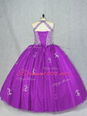 Halter Top Sleeveless Sweet 16 Dresses Floor Length Beading and Appliques Purple Tulle