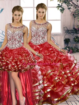 Floor Length Lace Up Sweet 16 Dress Red for Military Ball and Sweet 16 and Quinceanera with Beading and Ruffles