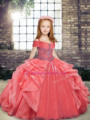 Sleeveless Organza Floor Length Lace Up Little Girls Pageant Dress in Coral Red with Beading and Ruffles