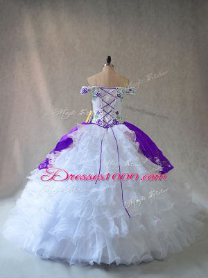 White And Purple Sleeveless Embroidery and Ruffles Floor Length 15 Quinceanera Dress